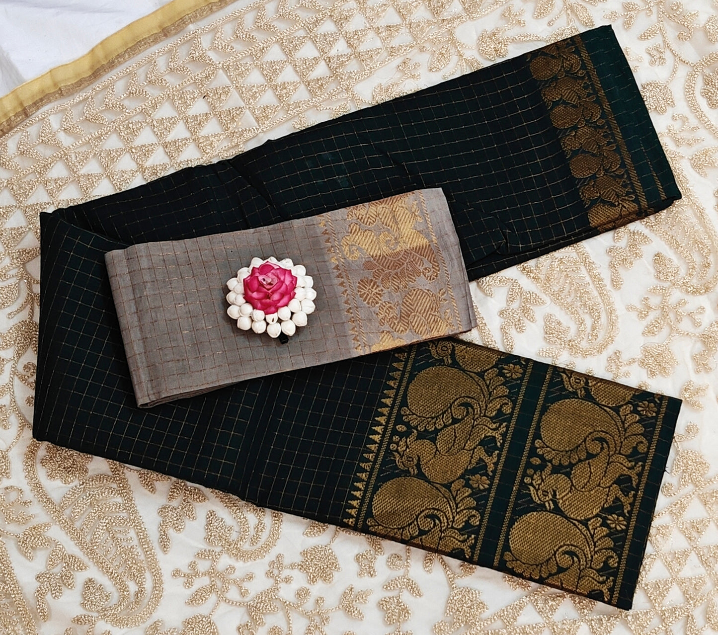 Golden zari kattam saree with double border