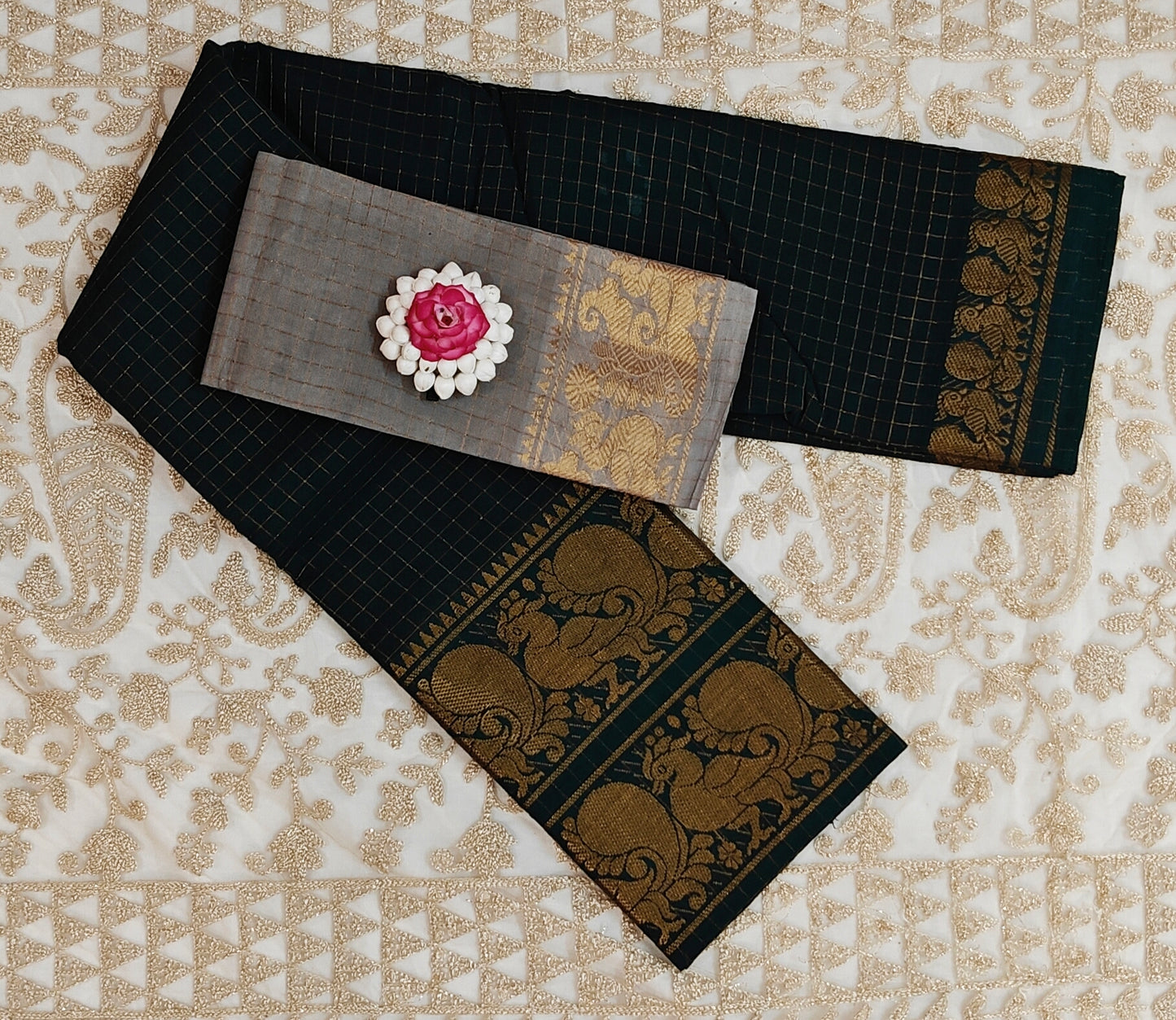 Golden zari kattam saree with double border