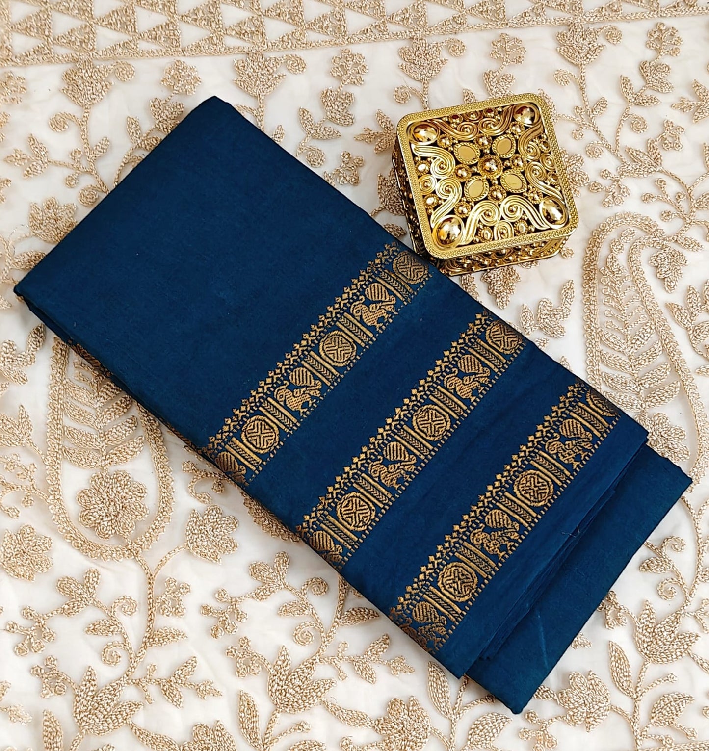 Classic peacock bluish green with Rich Zari Borders