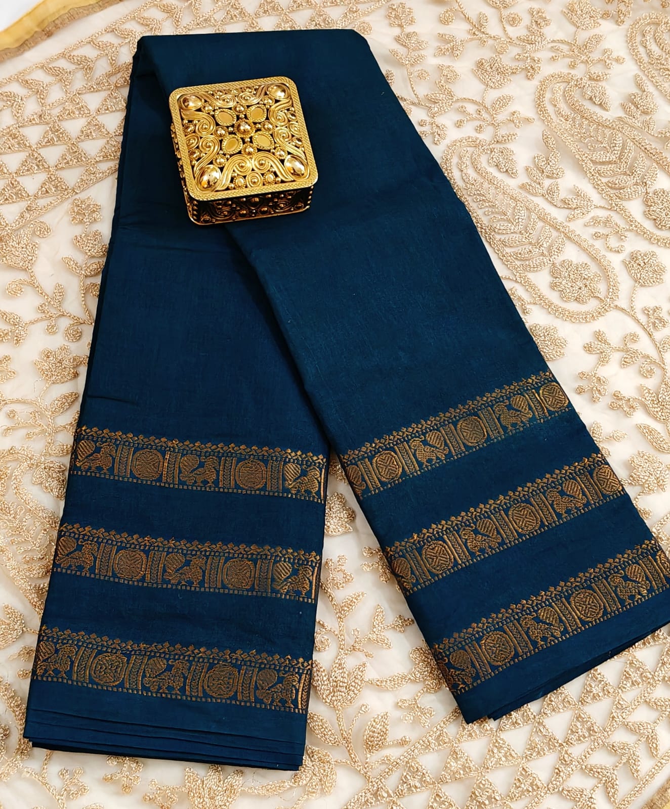 Classic peacock bluish green with Rich Zari Borders