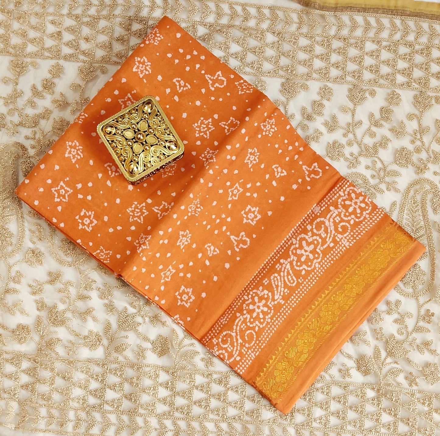Elegant Orange Bandhani Saree with Zari Border