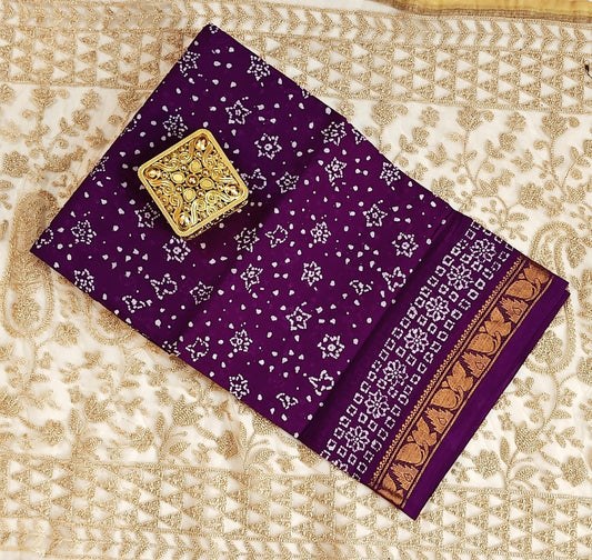 "Royal Radiance – Purple Bandhani Saree with Golden Zari borders"
