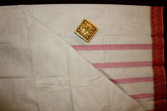 Ivory Glow – Off-White Saree with Pink & Gold Zari Border"