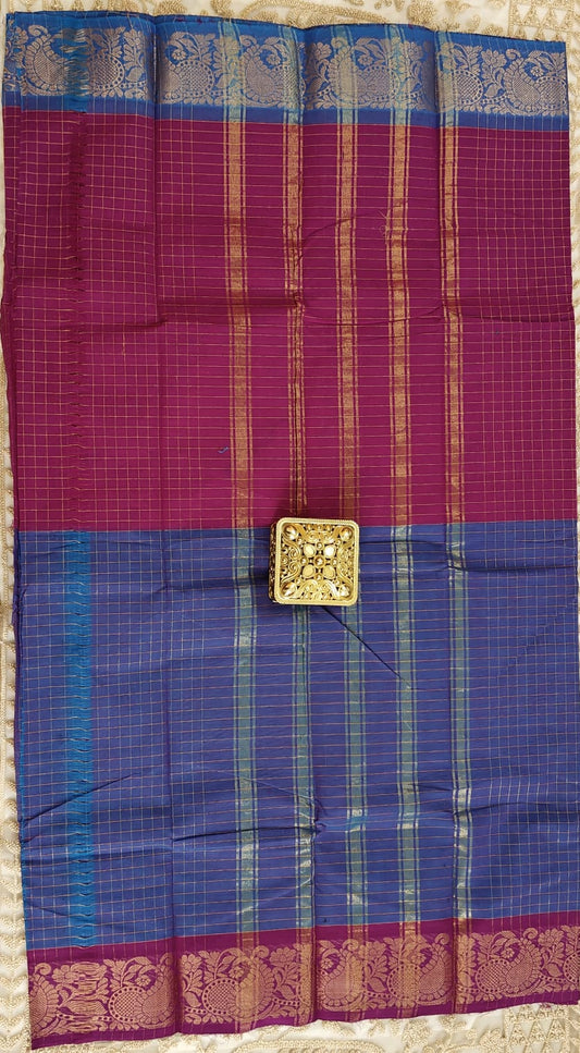 Sungudi Zari – Off and Off Series | Majenda & ink blue Checked Cotton Saree