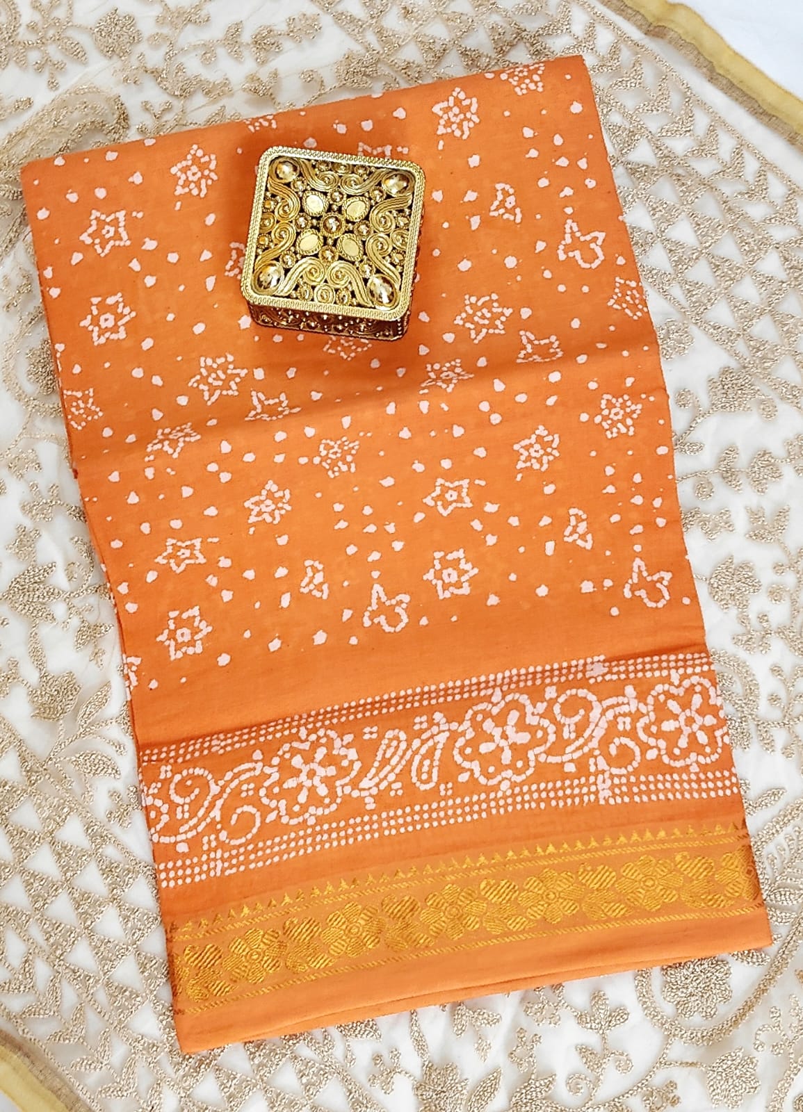 Elegant Orange Bandhani Saree with Zari Border