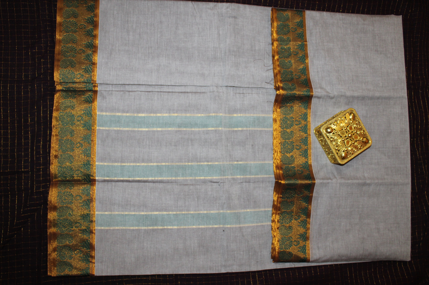 Refined Grey – Saree with an Antique Green-Gold Zari Border"