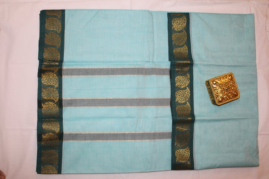 "Grace in Simplicity – Sky Blue Cotton Saree with Zari Elegance"