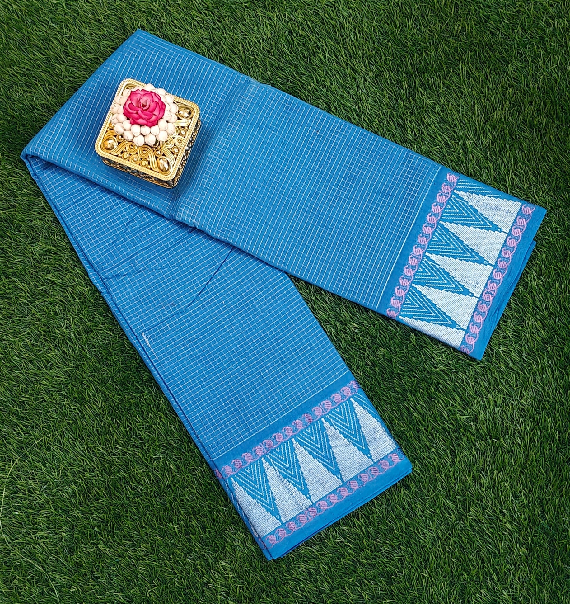 💙 Sky Blue Cotton Saree with Silver Zari Border & Motif Design