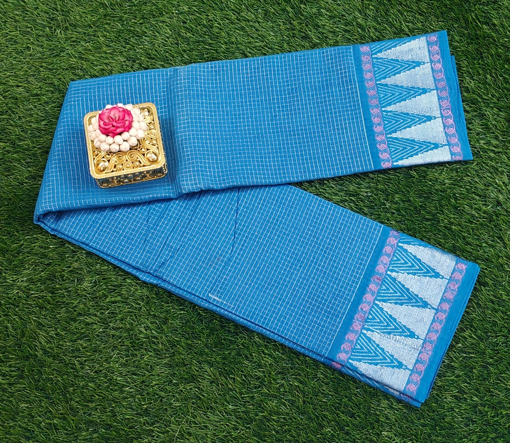 💙 Sky Blue Cotton Saree with Silver Zari Border & Motif Design