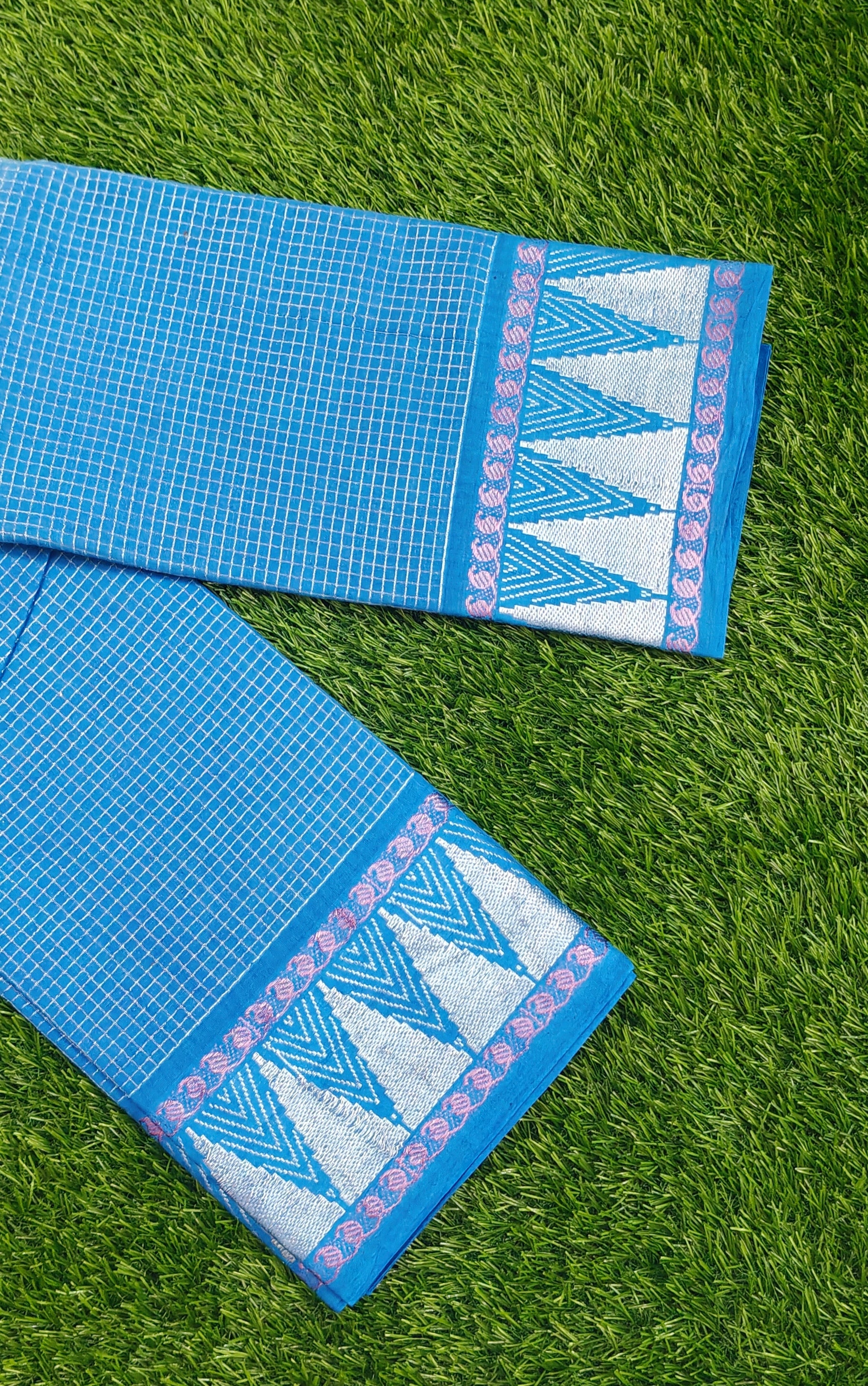 💙 Sky Blue Cotton Saree with Silver Zari Border & Motif Design