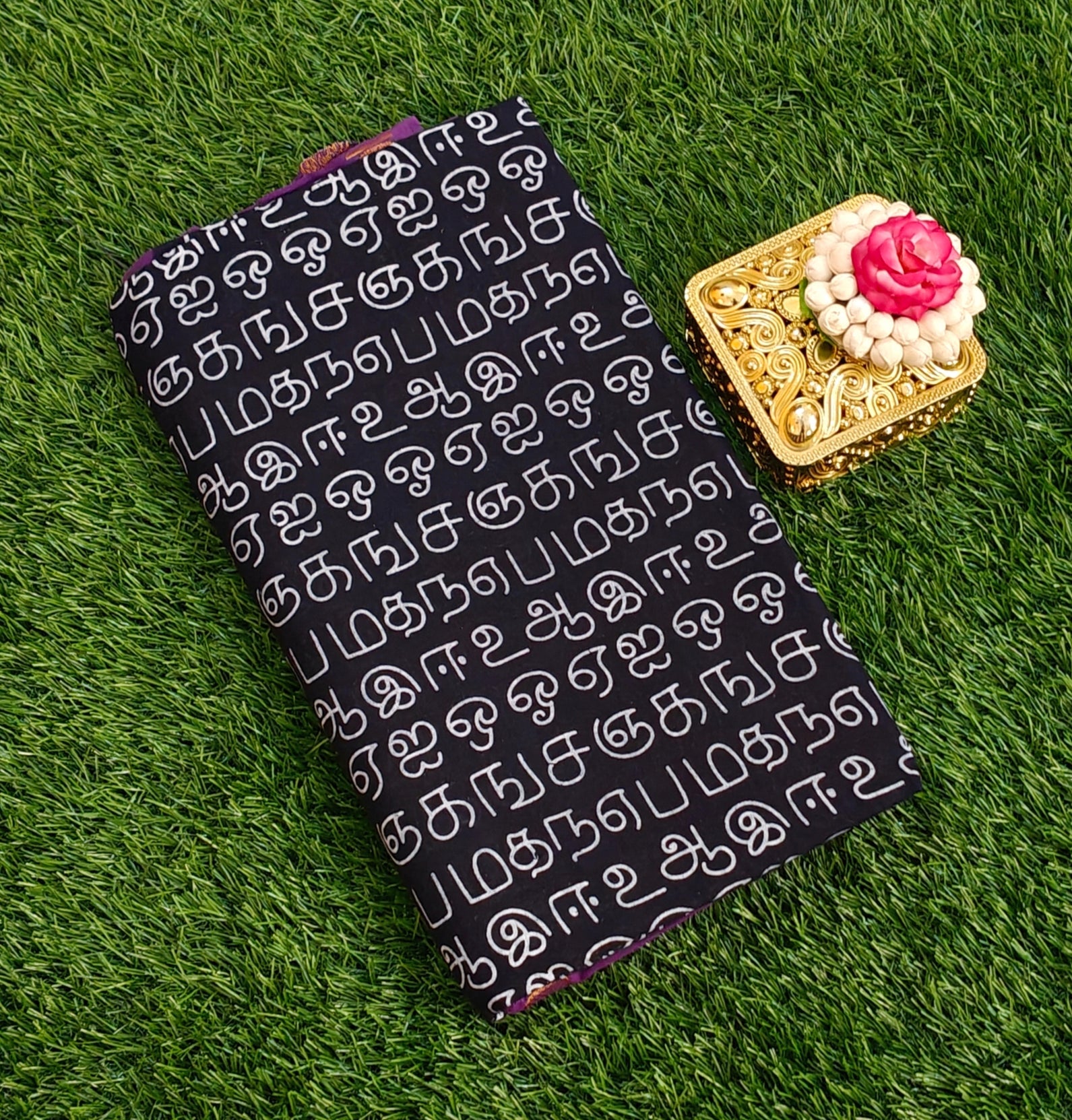 🖤 Stylish Tamil Letters Printed Cotton Saree with Purple Zari Border