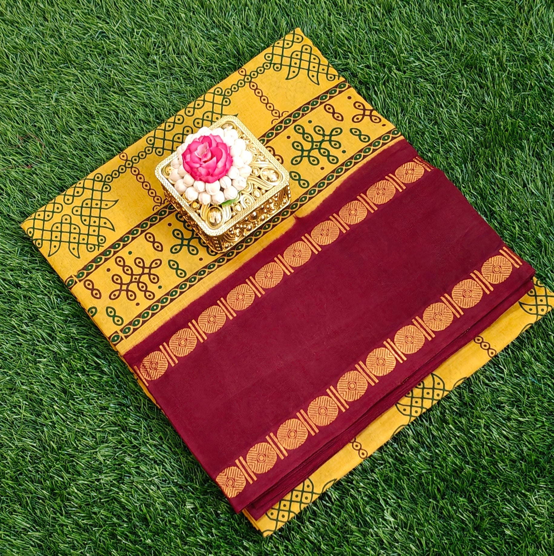 💛 Mustard Cotton Saree with Maroon Pallu & Traditional Kolam Print Design