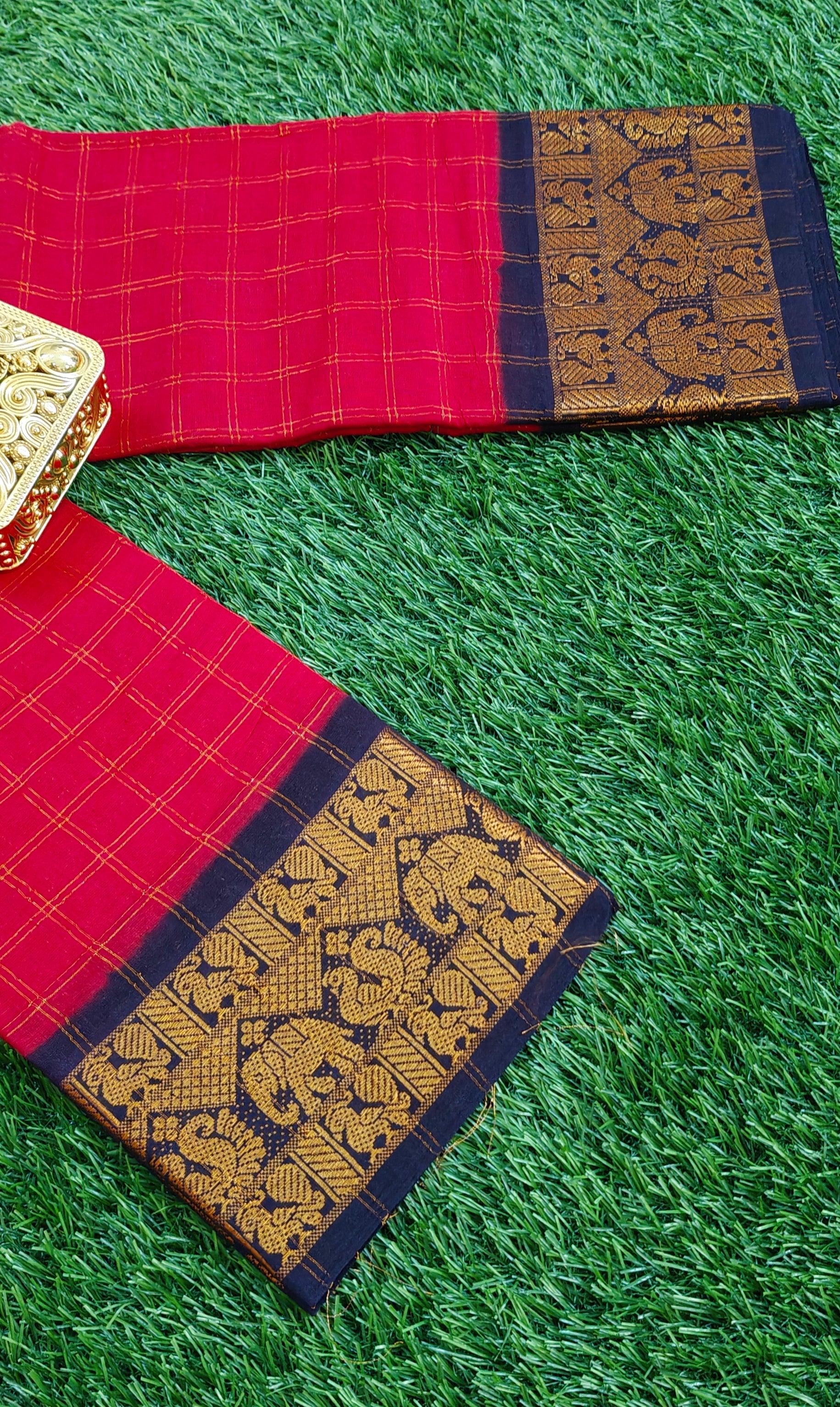 Red Cotton Saree with Golden Elephant Zari Border