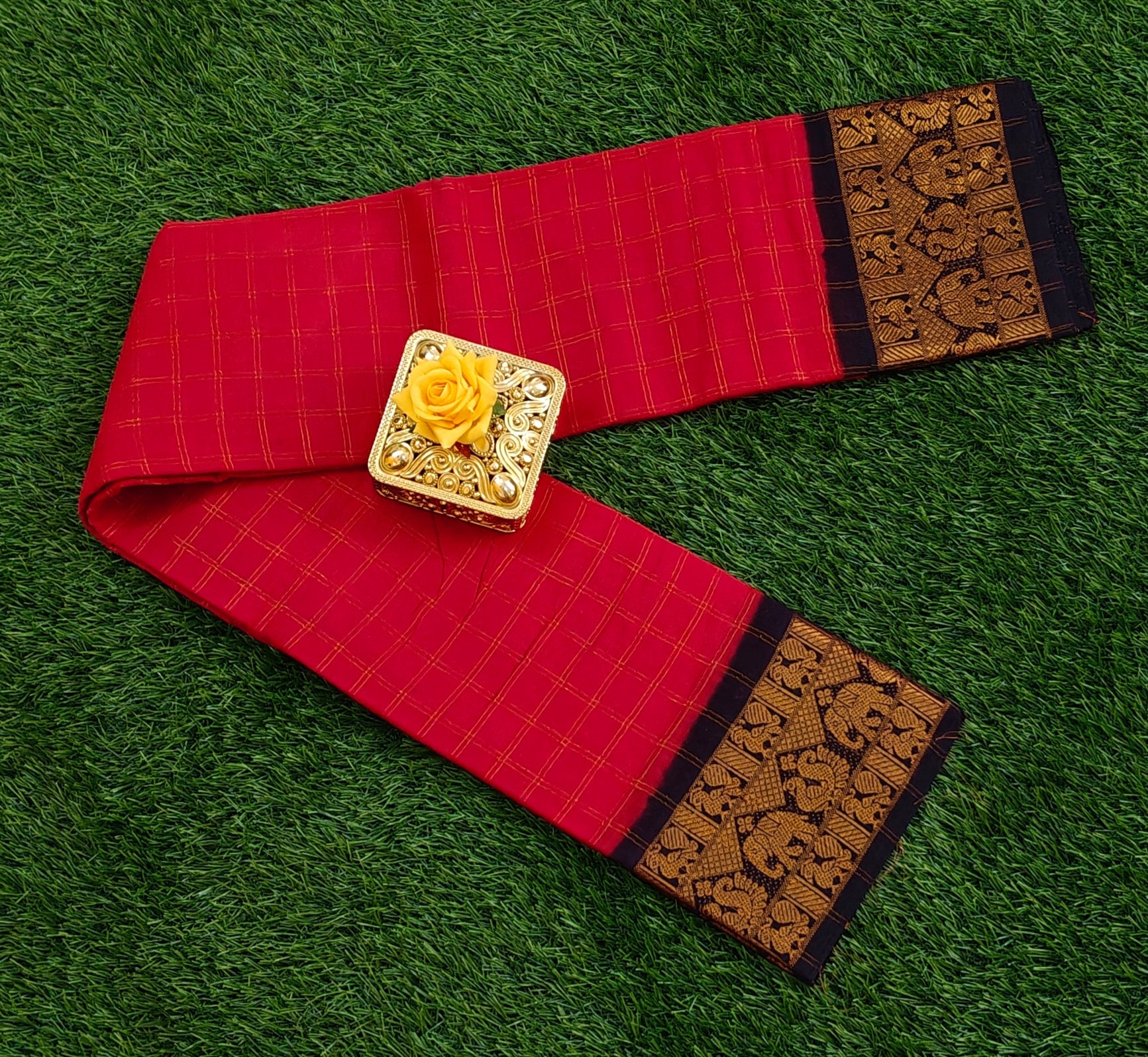 Red Cotton Saree with Golden Elephant Zari Border
