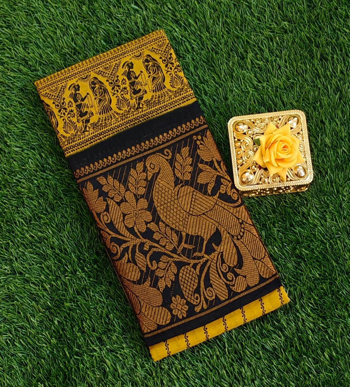 Mustard cotton saree with black peacock zari border