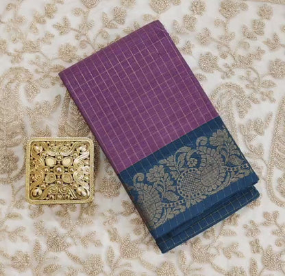 Sungudi Zari – Off and Off Series | Coral lavender & Teal blue  Checked Cotton Saree"
