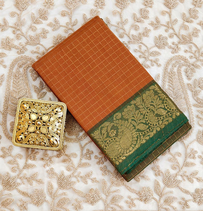 Sungudi Zari – Off and Off Series | orange  & olive green Checked Cotton Saree"