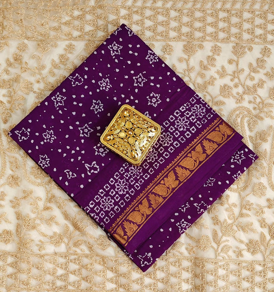 "Royal Radiance – Purple Bandhani Saree with Golden Zari borders"
