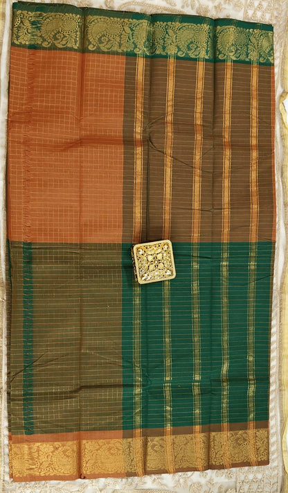 Sungudi Zari – Off and Off Series | orange  & olive green Checked Cotton Saree"