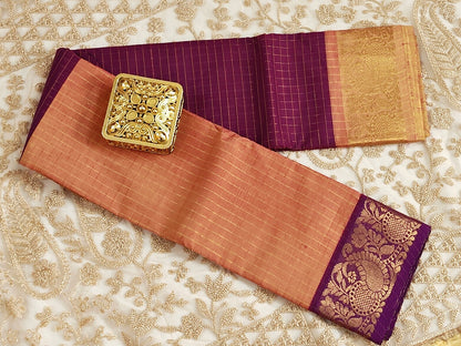 Sungudi Zari – Off and Off Series |light orange & magenda Checked Cotton Saree"