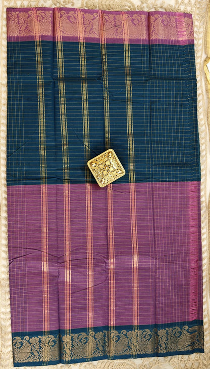 Sungudi Zari – Off and Off Series | Coral lavender & Teal blue  Checked Cotton Saree"