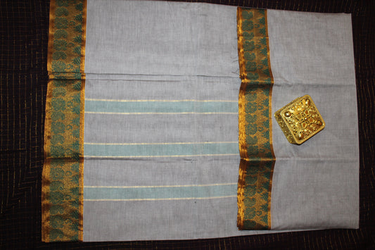 Refined Grey – Saree with an Antique Green-Gold Zari Border"