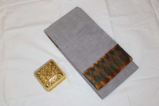 Refined Grey – Saree with an Antique Green-Gold Zari Border"